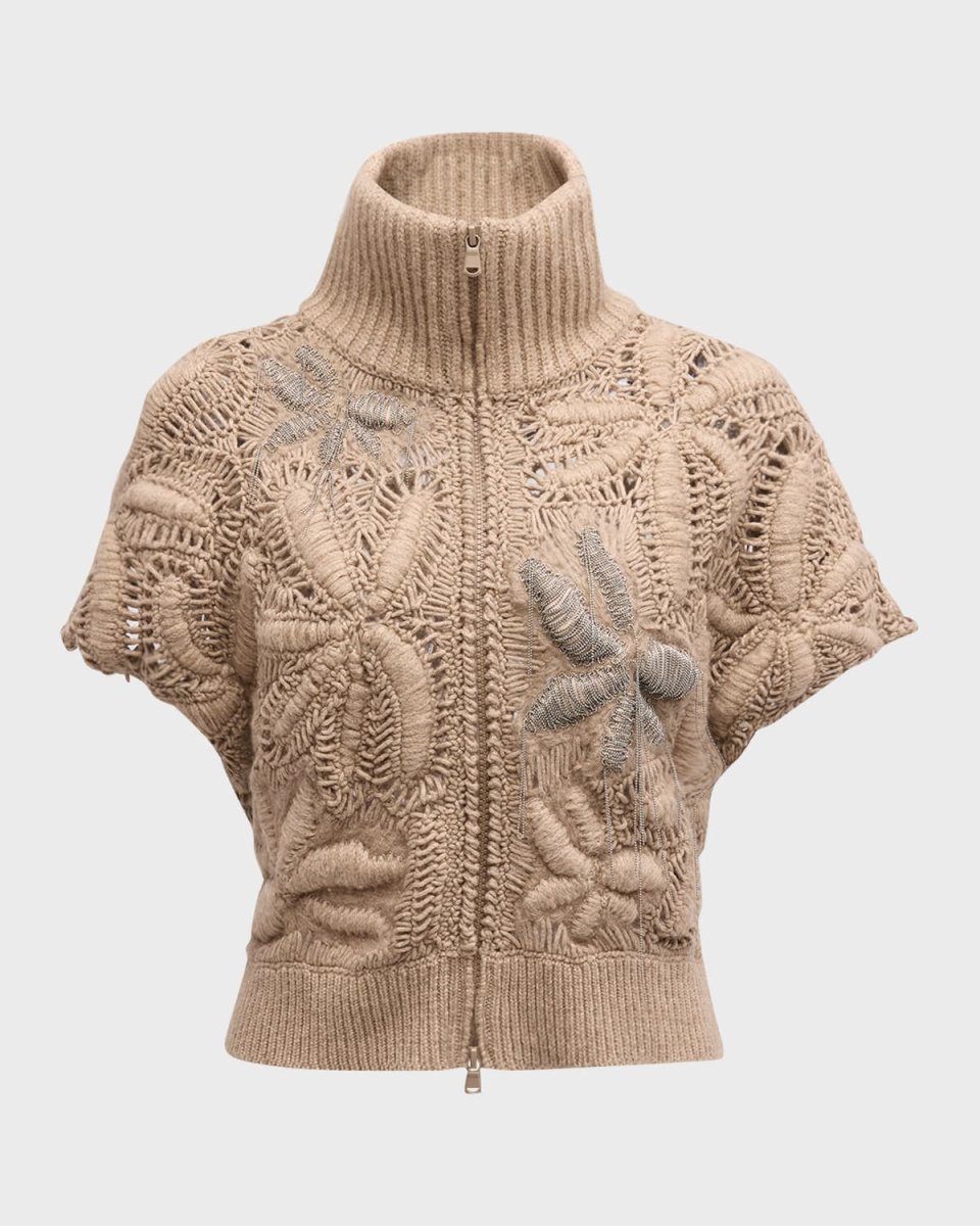 Cashmere Zip-Up Cardigan with Monili Detail